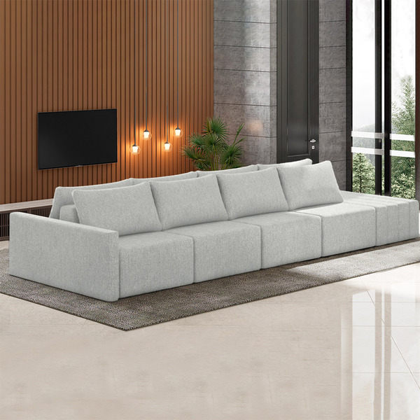 Sofá Ilha Modulado Milos 392cm Puff Lateral Linho Cinza G33 -