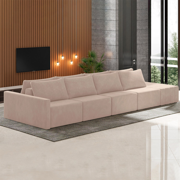 Sofá Ilha Modulado Milos 392cm Puff Lateral Veludo Rosê G33 -