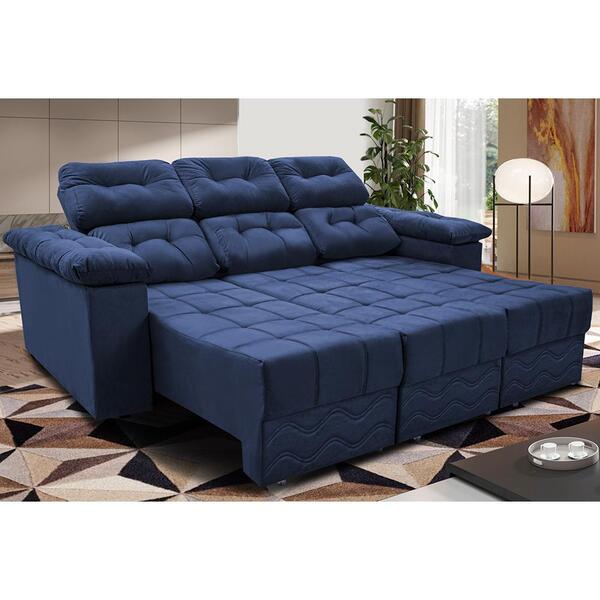 Sofa Itália 2,80 Mts Retrátil E Reclinavel Tecido Suede Azul