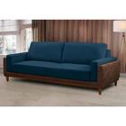 Sofá Living 3 Lugares 180cm Pés Madeira Marok F05 Veludo Azul
