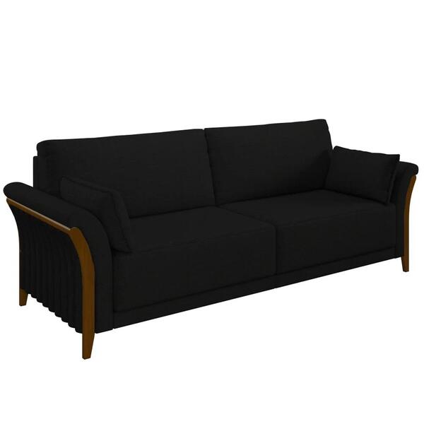 Sofá Living 3 Lugares 222cm Pés Madeira Roya Z32 Veludo Preto