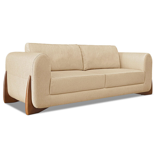 Sofá Living 3 Lugares 2 00m Lottus Linho Dourado Pés Castanho