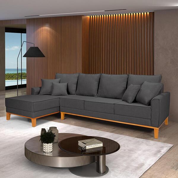 Sofá Living 4 Lugares Beny Chaise Pés E Base Em Madeira Linho