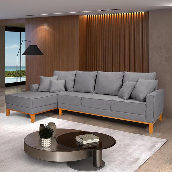 Sofá Living 4 Lugares Beny Chaise Pés E Base Em Madeira Linho