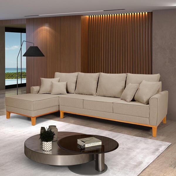 Sofá Living 4 Lugares Beny Chaise Pés E Base Em Madeira Linho