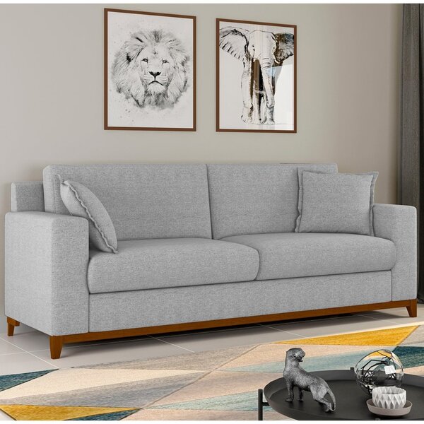 Sofá Living Vintage 3 Lugares 200cm Em Linho Slim Cinza Claro