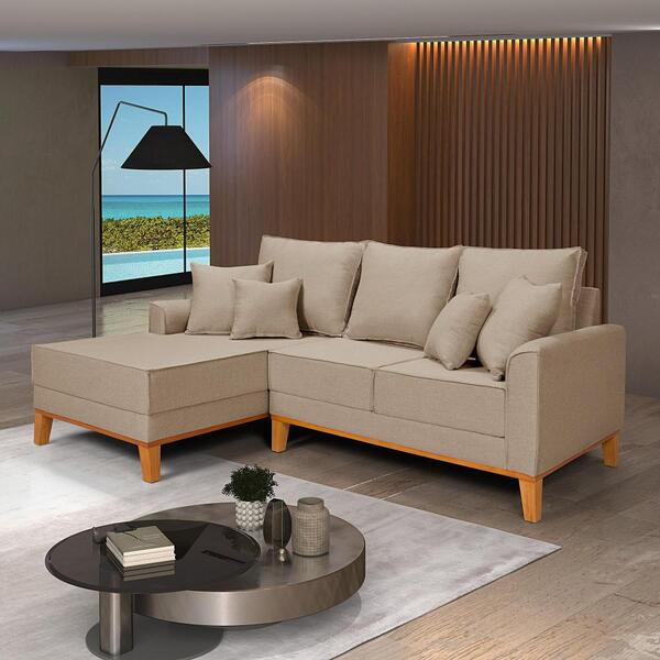 Sofá Luxo Beny Com Chaise 3 Lugares Living Linho Bege