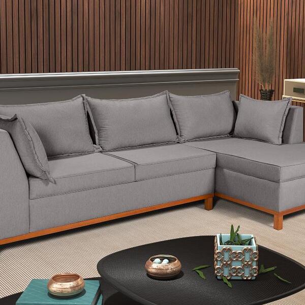 Sofá Malta Com Chaise Linho Grafite Fixo Living Premium Impér