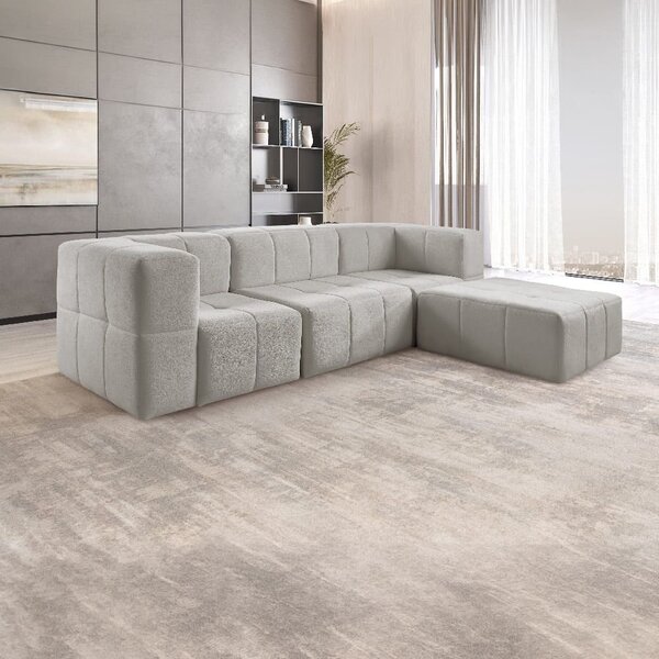 Sofá Modular 3 Lugares + Puff Bouclé Cinza