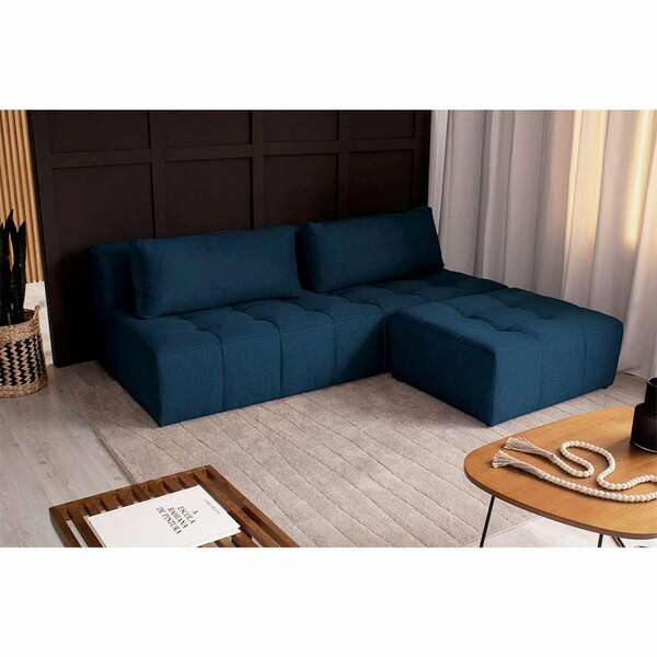 Sofá Modular 3 Lugares Com Puff Soho Linho Azul Marinho