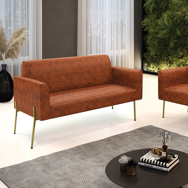 Sofá Namoradeira 2 Lugares Marisa Pé Aço Lateral Dourado Sint
