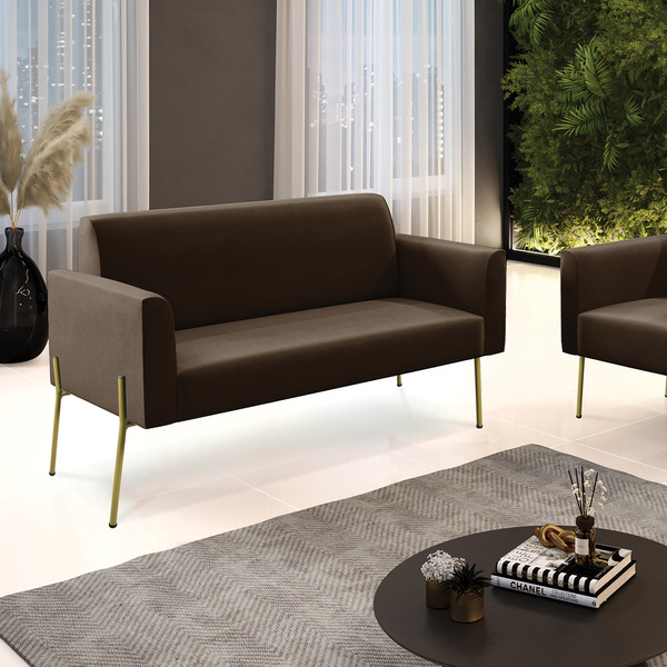 Sofá Namoradeira 2 Lugares Pé De Ferro Dourado Marisa Suede -