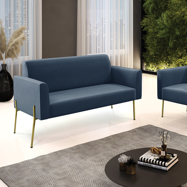 Sofá Namoradeira 2 Lugares Pé De Ferro Dourado Marisa Suede -