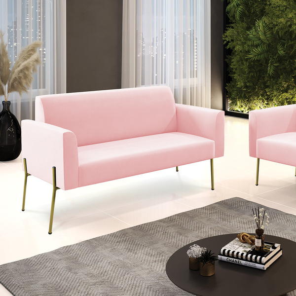 Sofá Namoradeira 2 Lugares Pé De Ferro Dourado Marisa Suede R