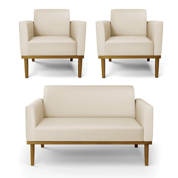 Sofá Namoradeira Com 2 Poltronas Base De Madeira Fixa Castanh