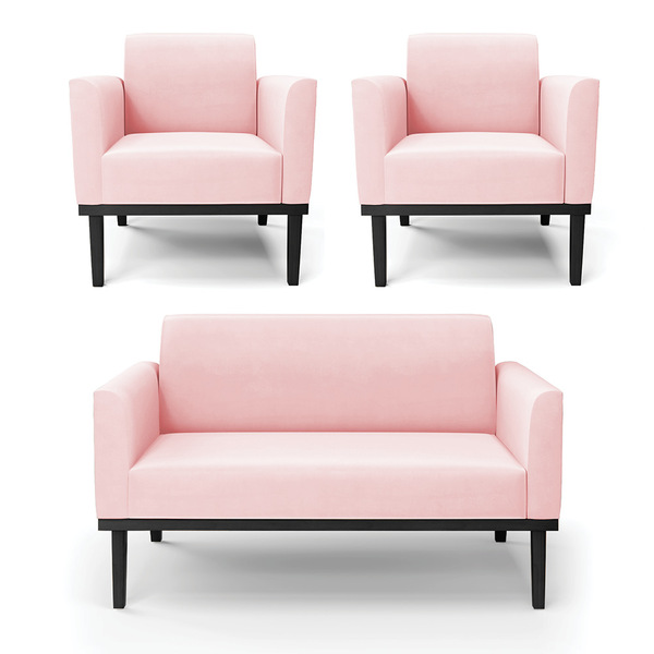 Sofá Namoradeira Com 2 Poltronas Base De Madeira Fixa Preto M