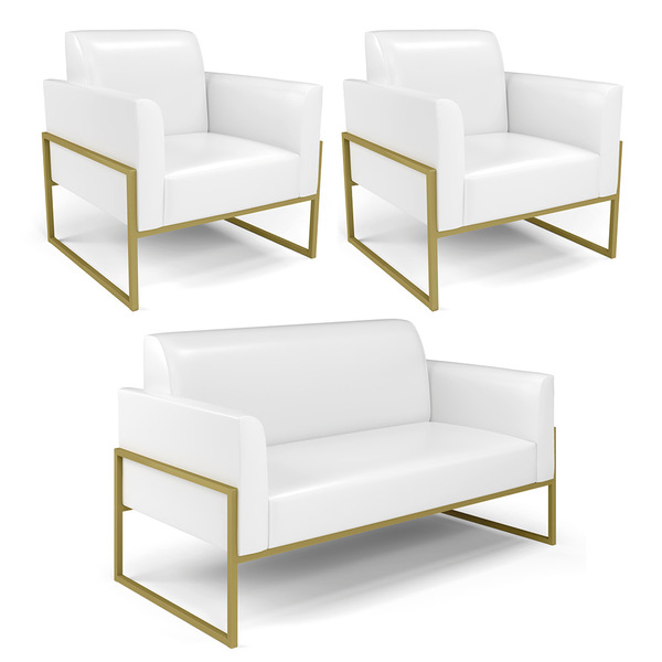 Sofá Namoradeira Com 2 Poltronas Base Industrial Alta Dourado