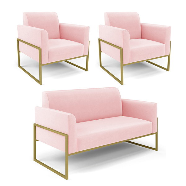 Sofá Namoradeira Com 2 Poltronas Base Industrial Alta Dourado