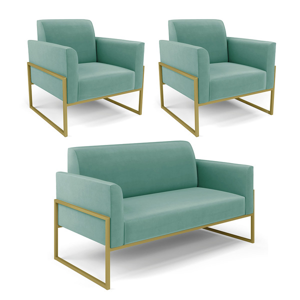 Sofá Namoradeira Com 2 Poltronas Base Industrial Alta Dourado