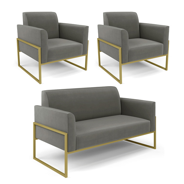Sofá Namoradeira Com 2 Poltronas Base Industrial Alta Dourado