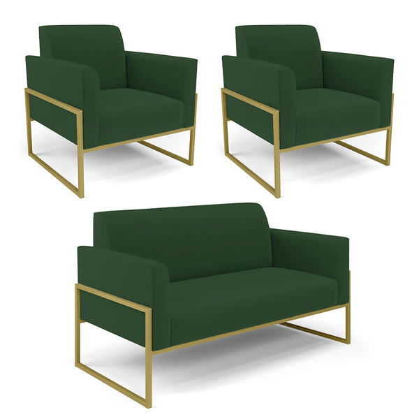 Sofá Namoradeira Com 2 Poltronas Base Industrial Alta Dourado