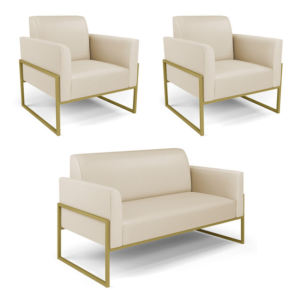 Sofá Namoradeira Com 2 Poltronas Base Industrial Alta Dourado