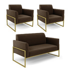 Sofá Namoradeira Com 2 Poltronas Base Industrial Alta Dourado
