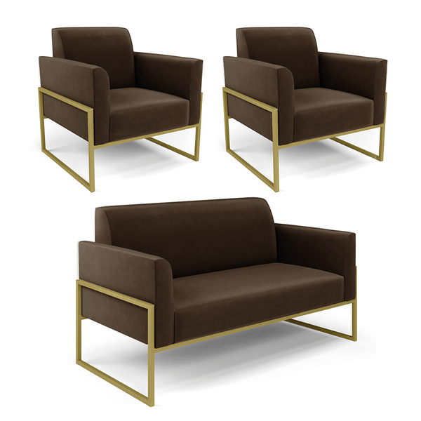 Sofá Namoradeira Com 2 Poltronas Base Industrial Alta Dourado