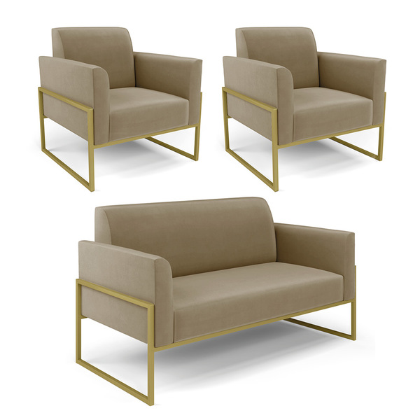 Sofá Namoradeira Com 2 Poltronas Base Industrial Alta Dourado