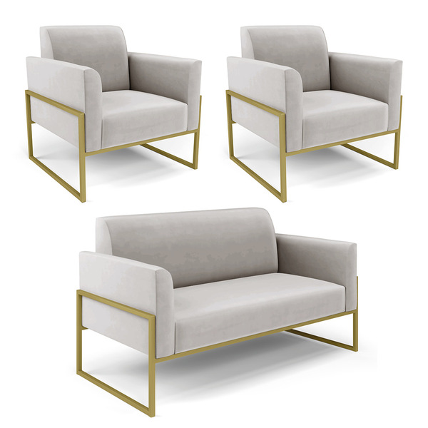 Sofá Namoradeira Com 2 Poltronas Base Industrial Alta Dourado