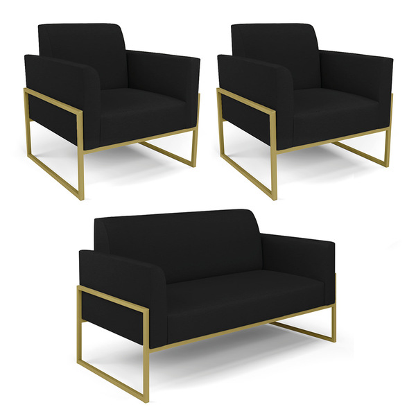 Sofá Namoradeira Com 2 Poltronas Base Industrial Alta Dourado
