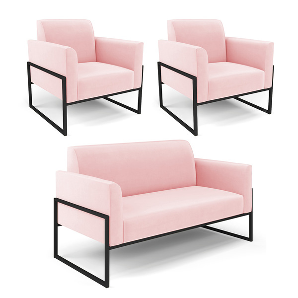 Sofá Namoradeira Com 2 Poltronas Base Industrial Alta Preto M