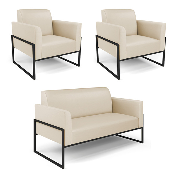 Sofá Namoradeira Com 2 Poltronas Base Industrial Alta Preto M