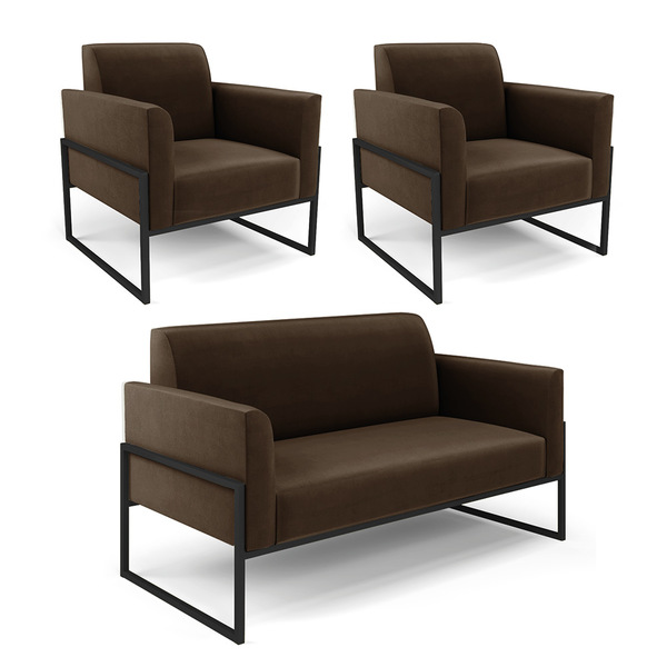 Sofá Namoradeira Com 2 Poltronas Base Industrial Alta Preto M