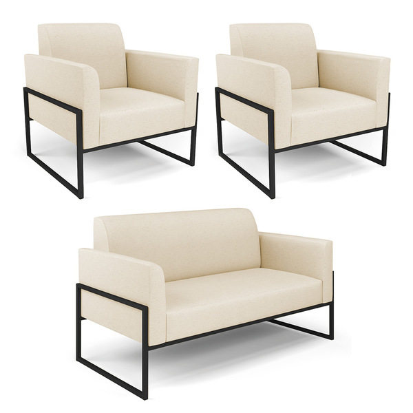 Sofá Namoradeira Com 2 Poltronas Base Industrial Alta Preto M