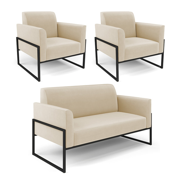 Sofá Namoradeira Com 2 Poltronas Base Industrial Alta Preto M