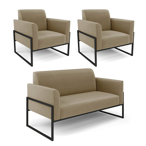 Sofá Namoradeira Com 2 Poltronas Base Industrial Alta Preto M