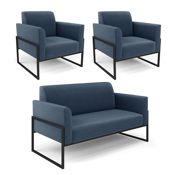 Sofá Namoradeira Com 2 Poltronas Base Industrial Alta Preto M