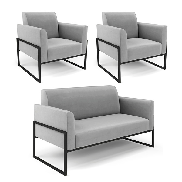 Sofá Namoradeira Com 2 Poltronas Base Industrial Alta Preto M