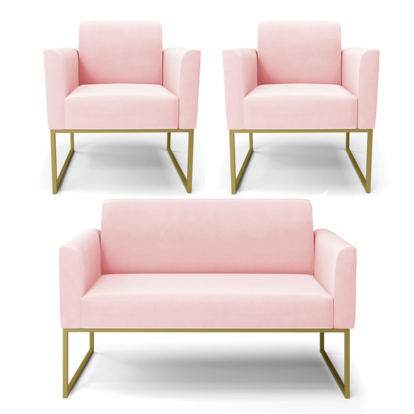 Sofá Namoradeira Com 2 Poltronas Base Industrial Dourado Mari