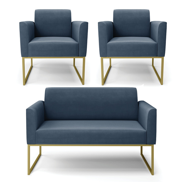 Sofá Namoradeira Com 2 Poltronas Base Industrial Dourado Mari