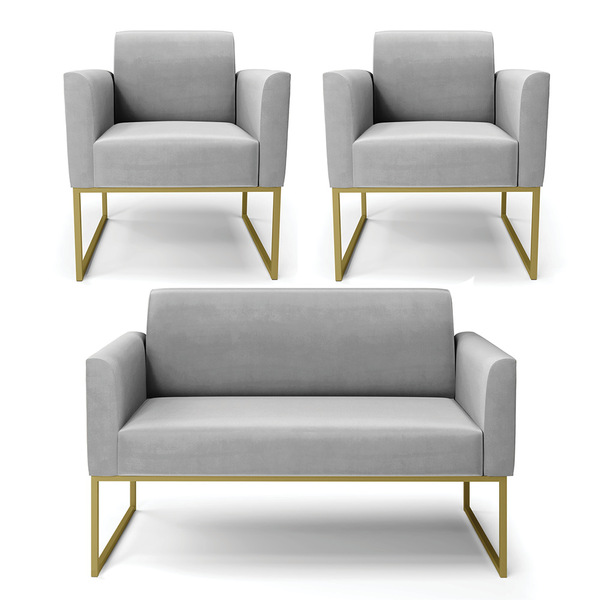 Sofá Namoradeira Com 2 Poltronas Base Industrial Dourado Mari
