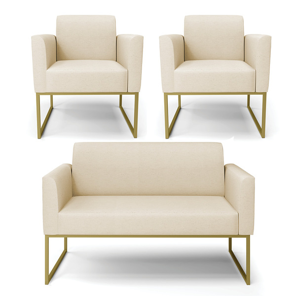 Sofá Namoradeira Com 2 Poltronas Base Industrial Dourado Mari