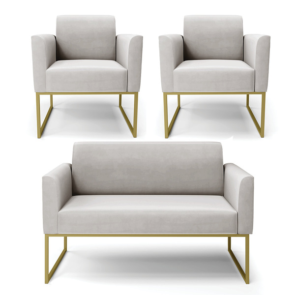 Sofá Namoradeira Com 2 Poltronas Base Industrial Dourado Mari