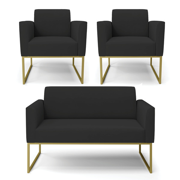 Sofá Namoradeira Com 2 Poltronas Base Industrial Dourado Mari
