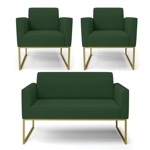 Sofá Namoradeira Com 2 Poltronas Base Industrial Dourado Mari