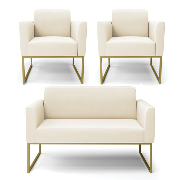 Sofá Namoradeira Com 2 Poltronas Base Industrial Dourado Mari