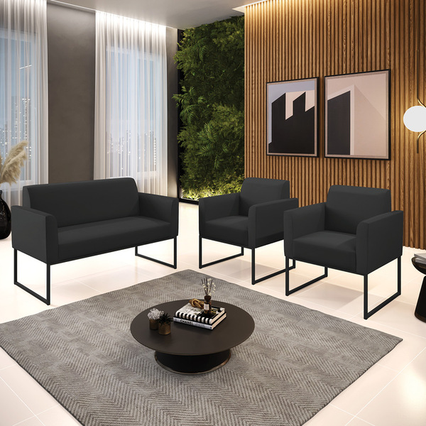 Sofá Namoradeira Com 2 Poltronas Base Industrial Preto Marisa
