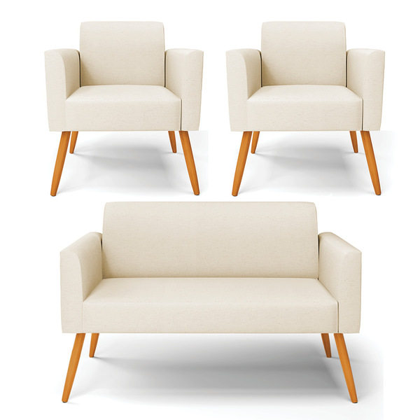 Sofá Namoradeira Com 2 Poltronas Pés Palito Castanho Marisa L