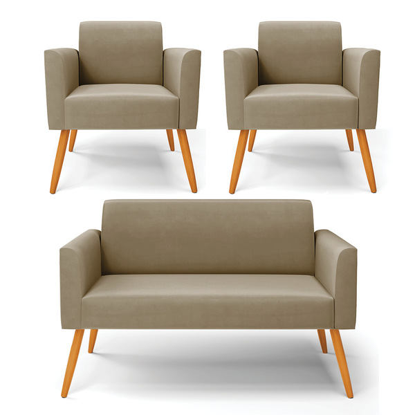 Sofá Namoradeira Com 2 Poltronas Pés Palito Castanho Marisa S